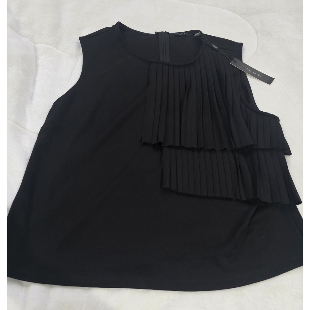 NWT Tahari Black Pleated Sleeveless Zipper Back Work Classic Statement Top